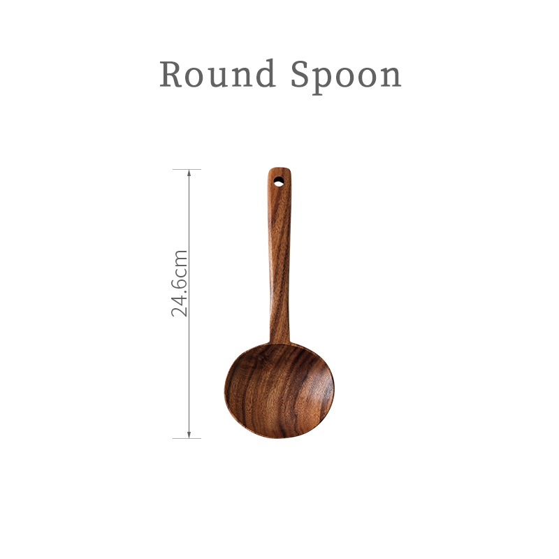 Teak Wood Spatula Spoon Colander Chopsticks Tablespoon Kitchen Wooden Soup Long handle Spoon: Round  Spoon
