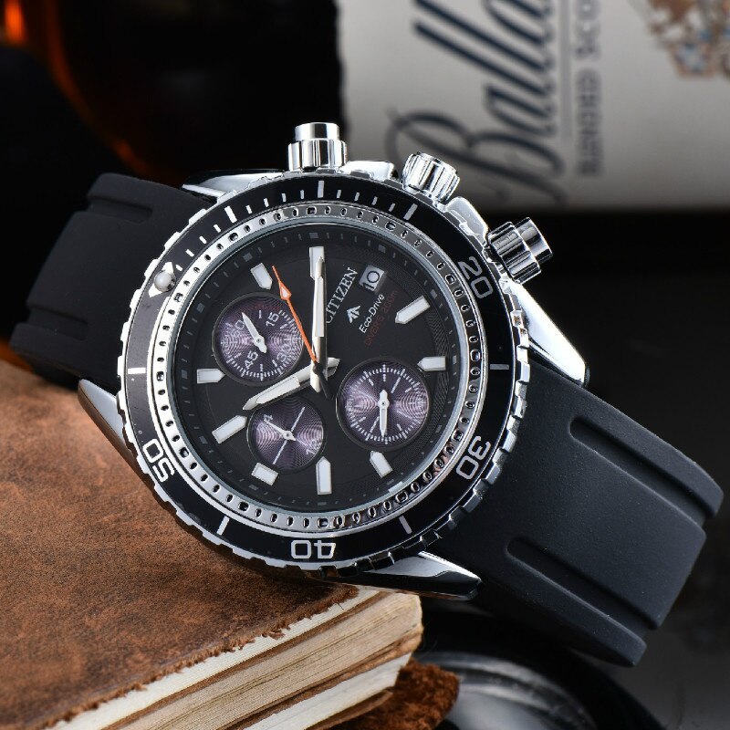 Herenhorloge merkhorloges luxe horloges heren casual rubberen band horloge grote wijzerplaat horloge voor heren multifunctioneel 6- pins horloges: Zilver