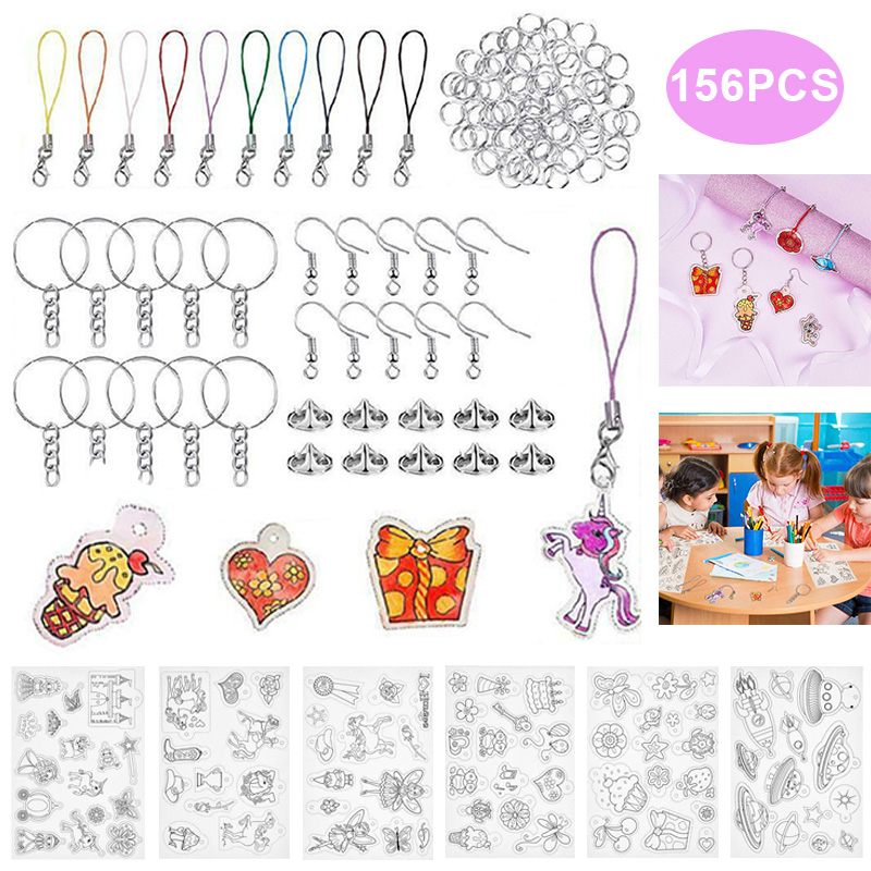 156 Stks/set Krimpkous Plastic Vel Kit Shrinky Papier Perforator Sleutelhangers Sleutelhanger Voor Sleutelhangers Sieraden Knoppen Maken