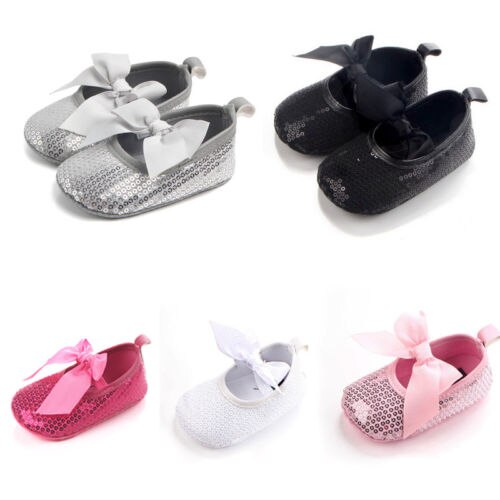 Bling Sparkle Sequins Ribbon Infant Newborn Baby Girl Boy Crib Shoes 0-18M