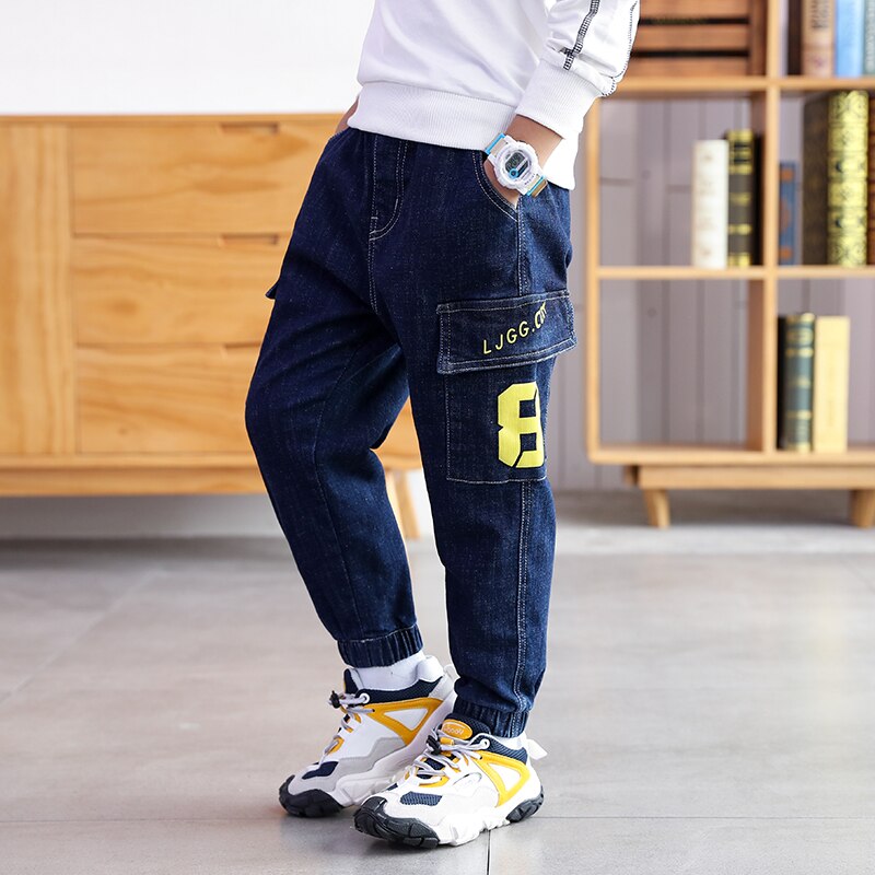 IENENS enfants Jeans décontractés automne Cargo pantalon 5-13 ans taille élastique pantalon enfants lettre jean garçons Denim pantalon