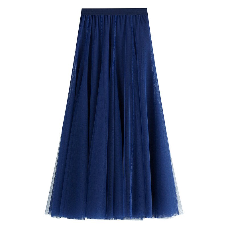 Falda larga de tul de 3 capas para otoño e invierno, falda Swing de estilo coreano para mujer, color rosa, verde, gris, azul, marrón, negro: Azul