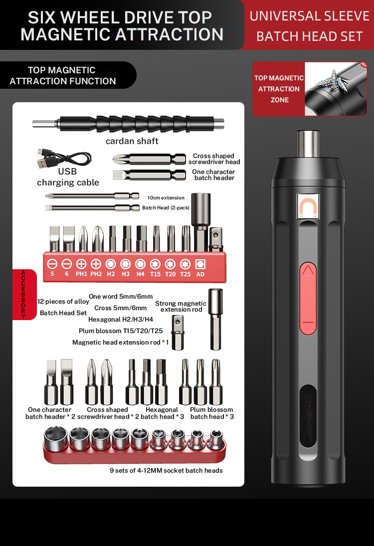 Electric Screwdriver Cordless, Rechargeable Power Screwdrivers Set, Automatic Home Repair USB Cable Tool Kit with LED Lights: Red
