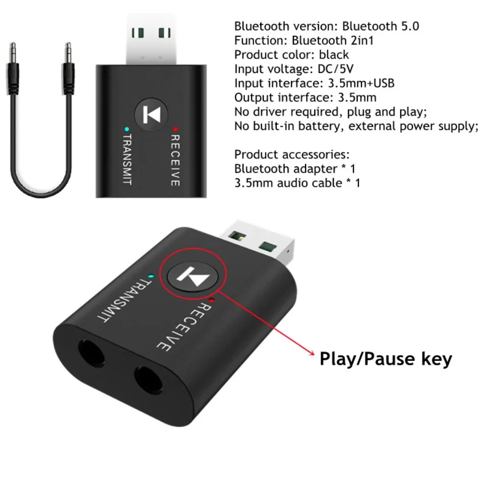 Bluetooth 5.0 2 in1 nadajnik-odbiornik konwerter samochodowy bezprzewodowy adapter audio USB 3,5 mm Aux do telewizora/domowego stereo/samochodu/słuchawek/PC