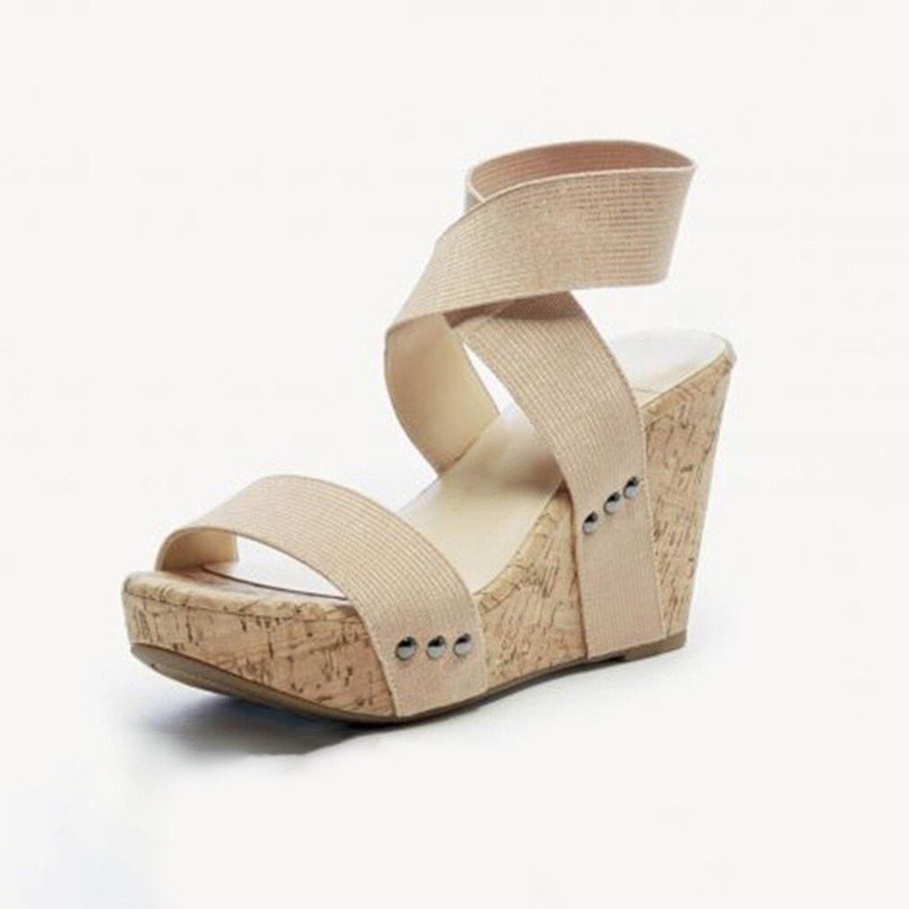 Naisten sandaalit alusta sandaalit korkokengät kengät elastinen hihna gladiaattori sandalia feminina kesäkiilakorko sandalias mujer: Beige / 36