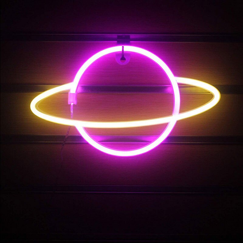 Led neonlampe farverig elliptisk planetformet vægskilt neonlys usb hængelampe til soveværelse hjem festindretning: Gul lyserød