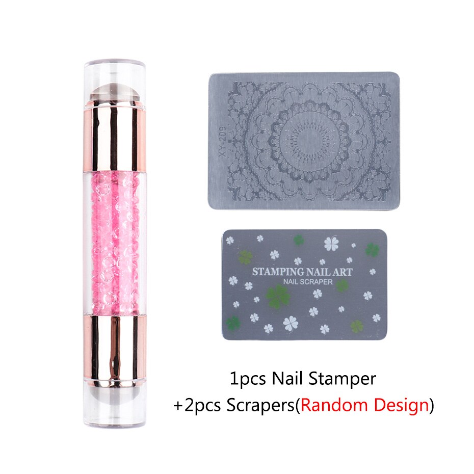 STZ 3pc Double-ended Silicone Nail Stamper with Crystal Rhinestone Handle Transparent Jelly Template Stamping Tool Scraper #1836: Pink