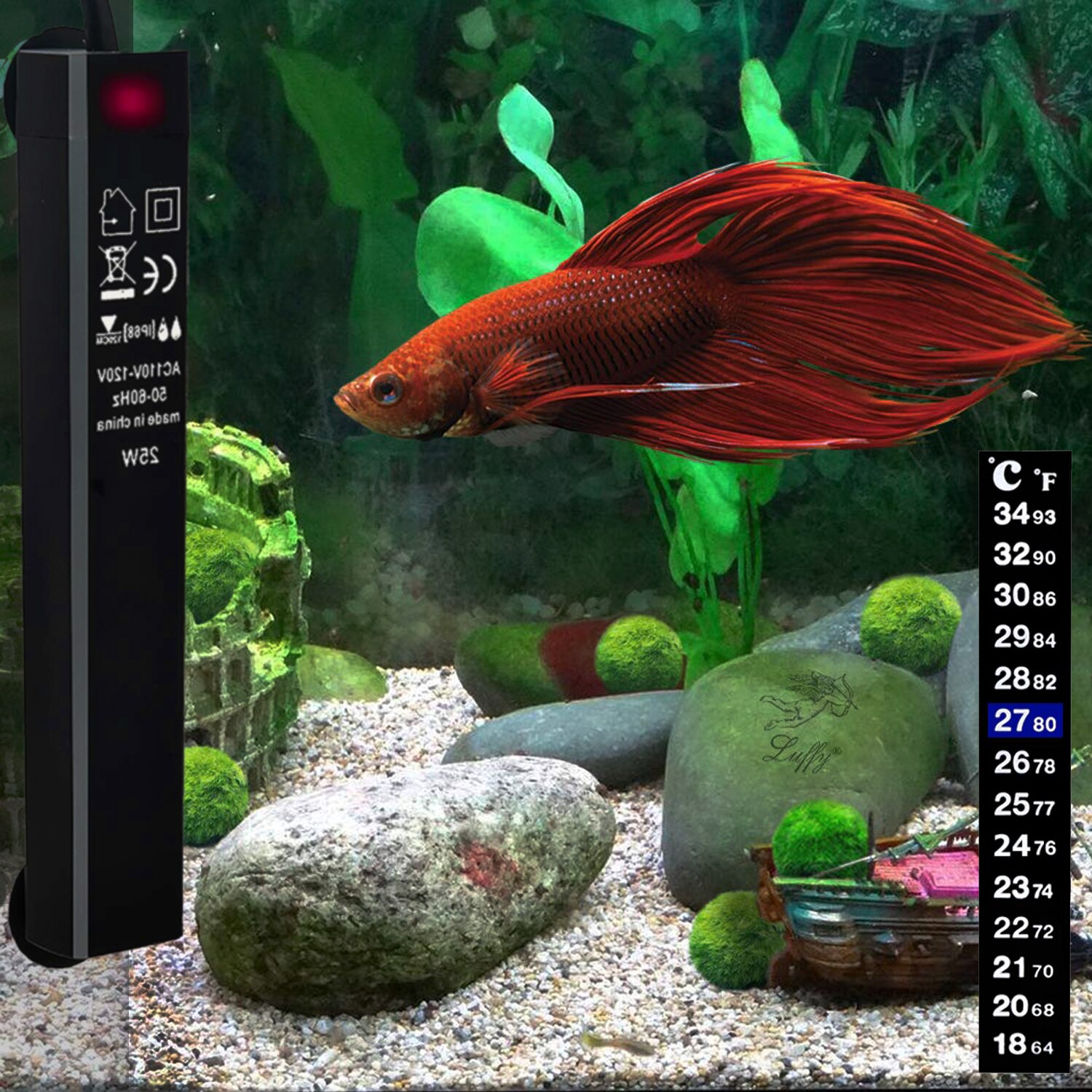 25W Betta Fish Tank Heater Smart Thermostaat Kleine Aquarium Heater 2-5 Gal Water Warmer 2 Kunstplanten 1 Sticky Thermometer