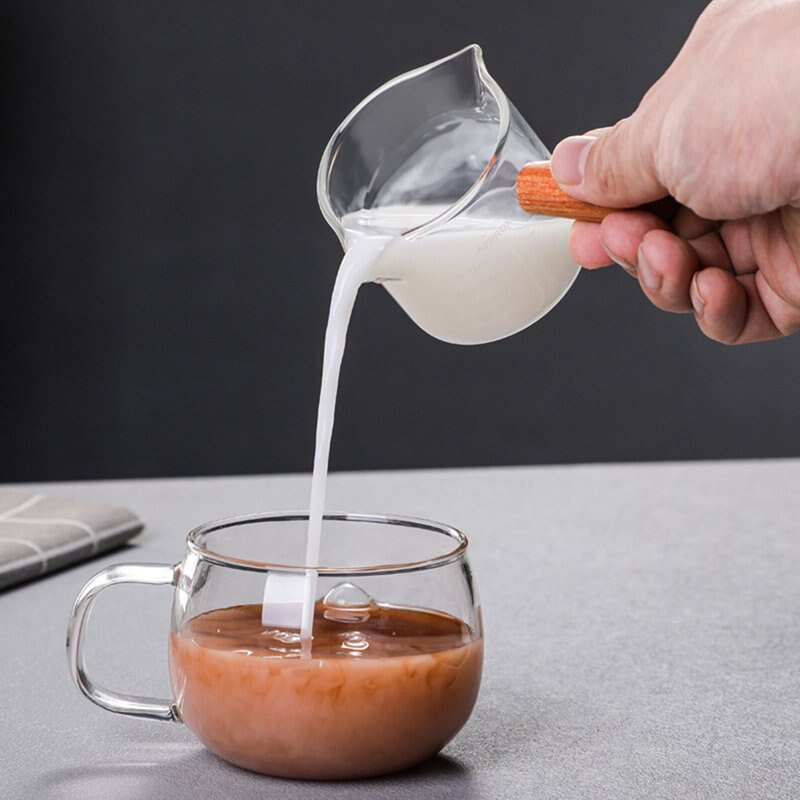 Heat-resisting Glass Espresso Measuring Cup Wooden Handle Double Mouth Glass Milk Jug Glass Scale Measure Mugs