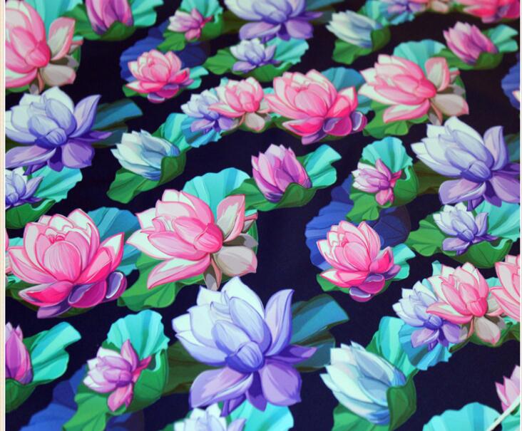 Composite fabric twill waterproof cloth ink lotus digital thermal transfer printing DIY material: Blue bottom