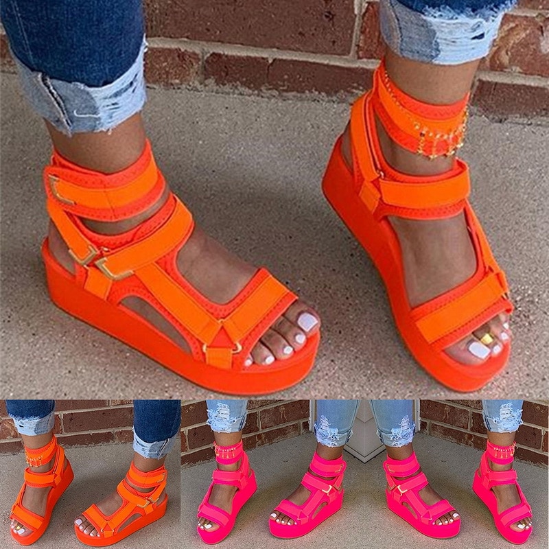 Kvinnor sandaler krok & loop plattform öppen tå orange sandaler kvinnor platt sommar utomhus strandskor dam sandaler för tjejer