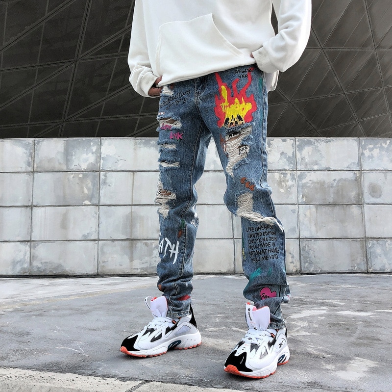 Jean Skinny pour hommes, Streetwear déchiré pour hommes, style Hip-Hop, imprimé Graffiti, crayon, pantalon de motard en Denim trou, GM478