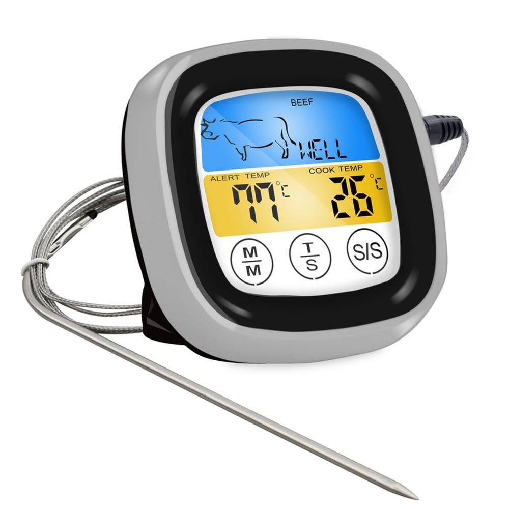 Digital bbq kødtermometer grillovn termometer med timer & rustfri stålsonde madlavningstermometer 1 stk.: Sort