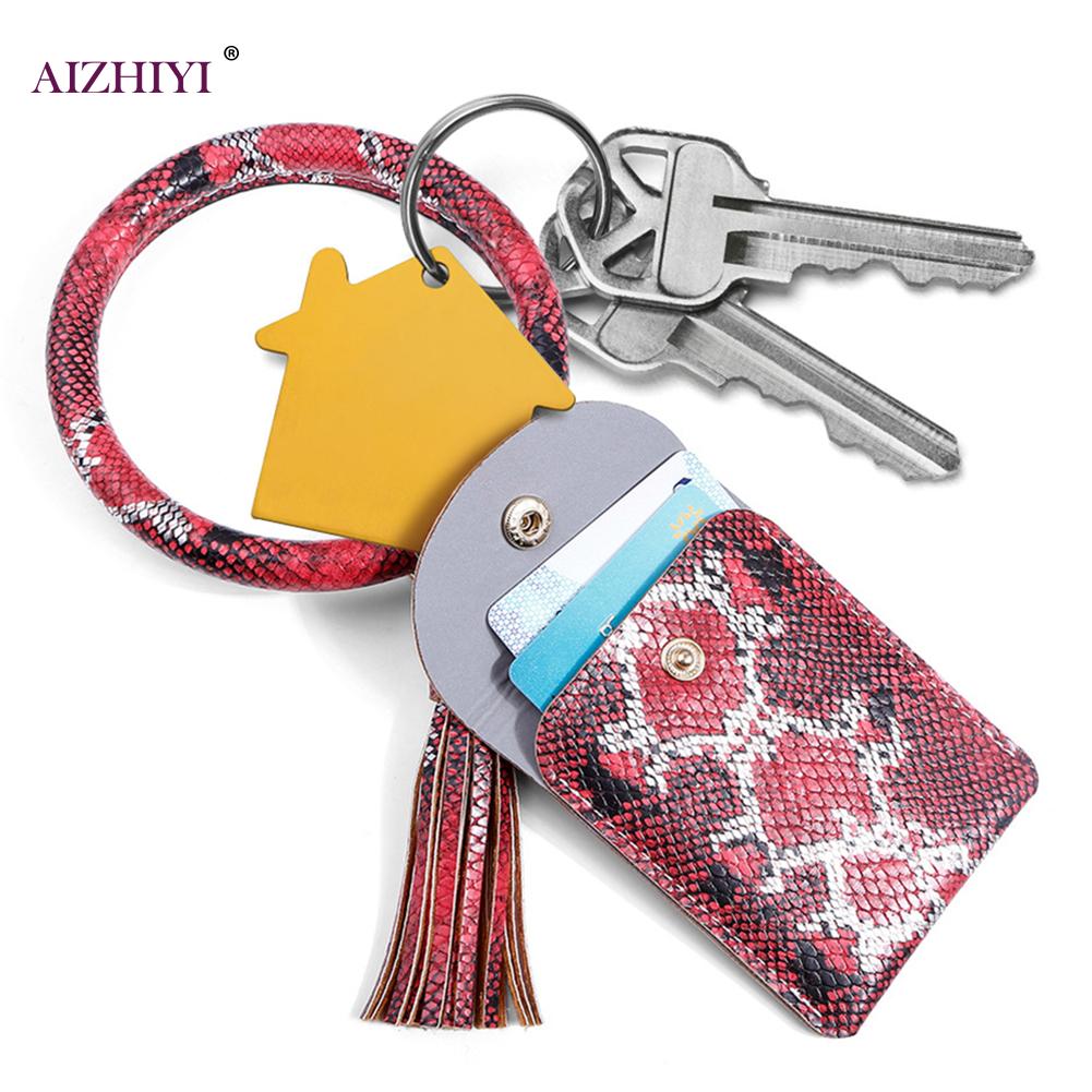 Keychain Card Bag for Women Men Leopard Wallet PU Leather Tassel Kabaw Bracelet Keychain Jewelry