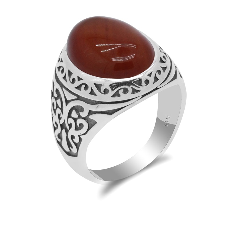 925 Sterling Silver Uomo Vintage Anello con Onice Naturale Grandi Anelli di Pietra Rossa Thai Argento di Disegno per Gli Uomini Le Donne Turco gioielli