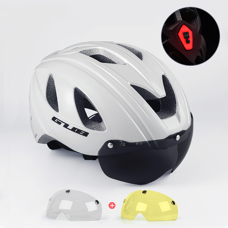 GUB-casco de bicicleta de carretera para hombre y mujer, con luz trasera integrada, gafas de seguridad, equipo de ciclismo: pearl white 2Lens