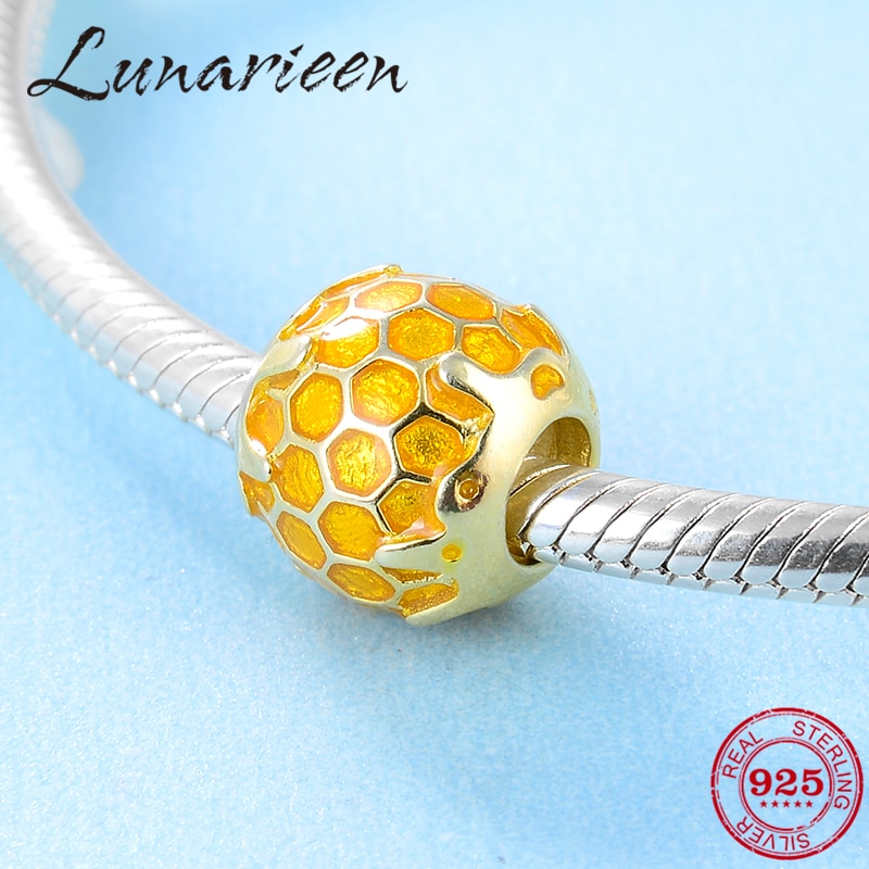 925 sterling silver Unique round golden bee DIY Enamel beads Fit Original europeu Charm Bracelet Jewelry making