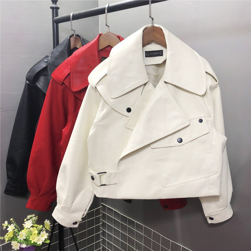 Chaqueta de cuero sintético para mujer, abrigo rojo y blanco con cuello vuelto, ropa de calle holgada, prendas de vestir exteriores, Primavera, 2022