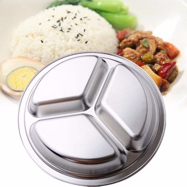 22/24/26cm Stainless Steel 3 Sections Breakfast Plate Divided Portable Barbecue Picnic Tray Portion Control Plate For Eating: 22cm