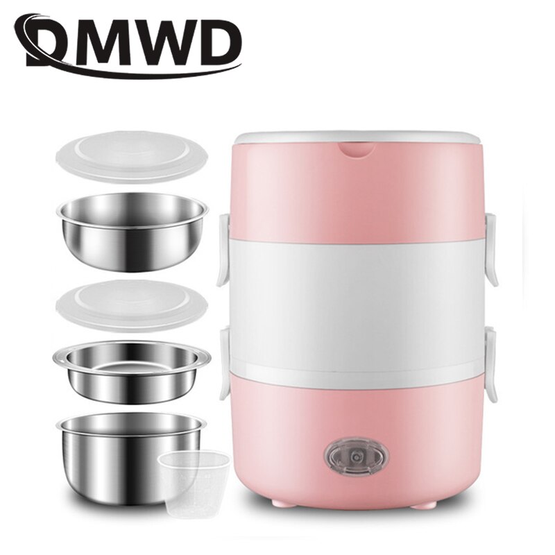 DMWD Mini Electric Rice Cooker Stainless Steel 2/3 Layers Steamer Portable Meal Thermal Heating Lunch Box Food Container Warmer: Pink three layers
