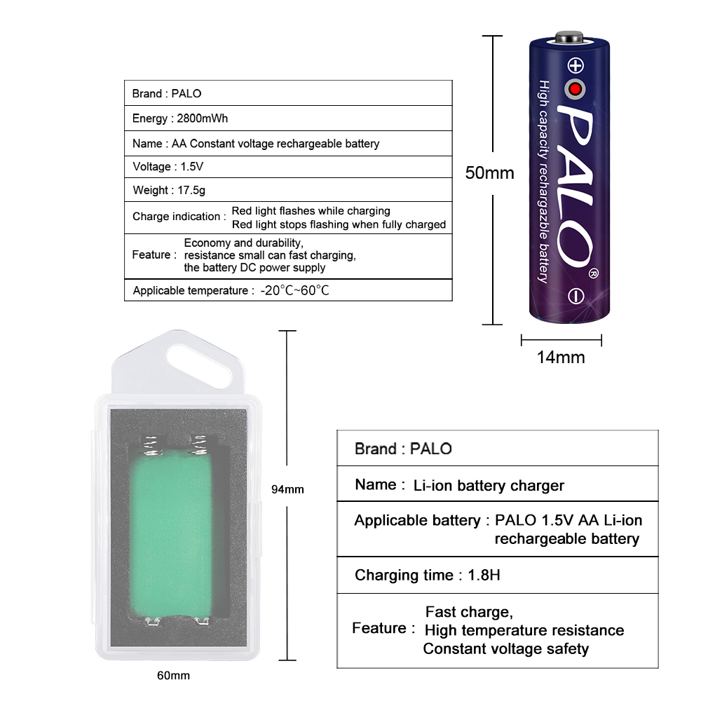 PALO 2800mWh AA1.5V lithium-ion battery 1.5V AA rechargeable pre-charge battery+1.5V AA li-ion battery charger case usb charger