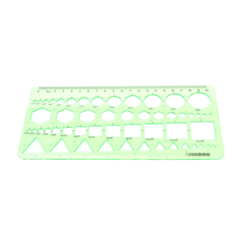 0-20cm Green Plastic Circles Squares Hexagons Geometric Template Ruler