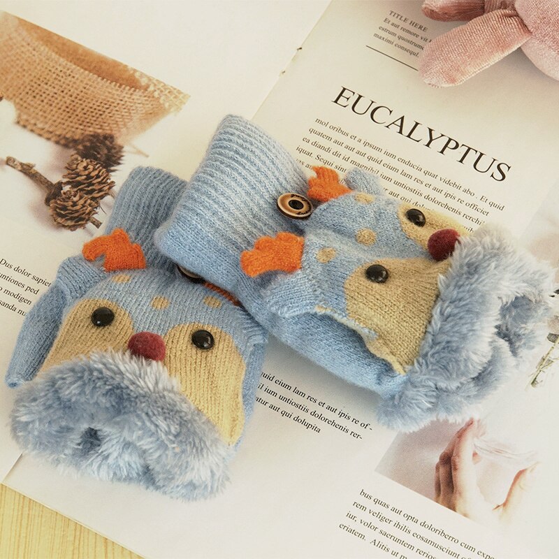 Mitaines de renne de dessin animé pour enfants, hiver , Plus velours, gants tricotés pour bébés filles de 1 à 8 ans: Gray Blue