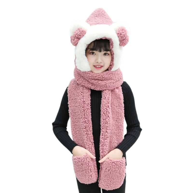 Toddler 3 In 1 Warm Plush Winter Hat Cute Bowknot Bear Ears Kids Scarf Mitten Gloves with Pockets Earflap Hoodie Cap: Flesh Pink