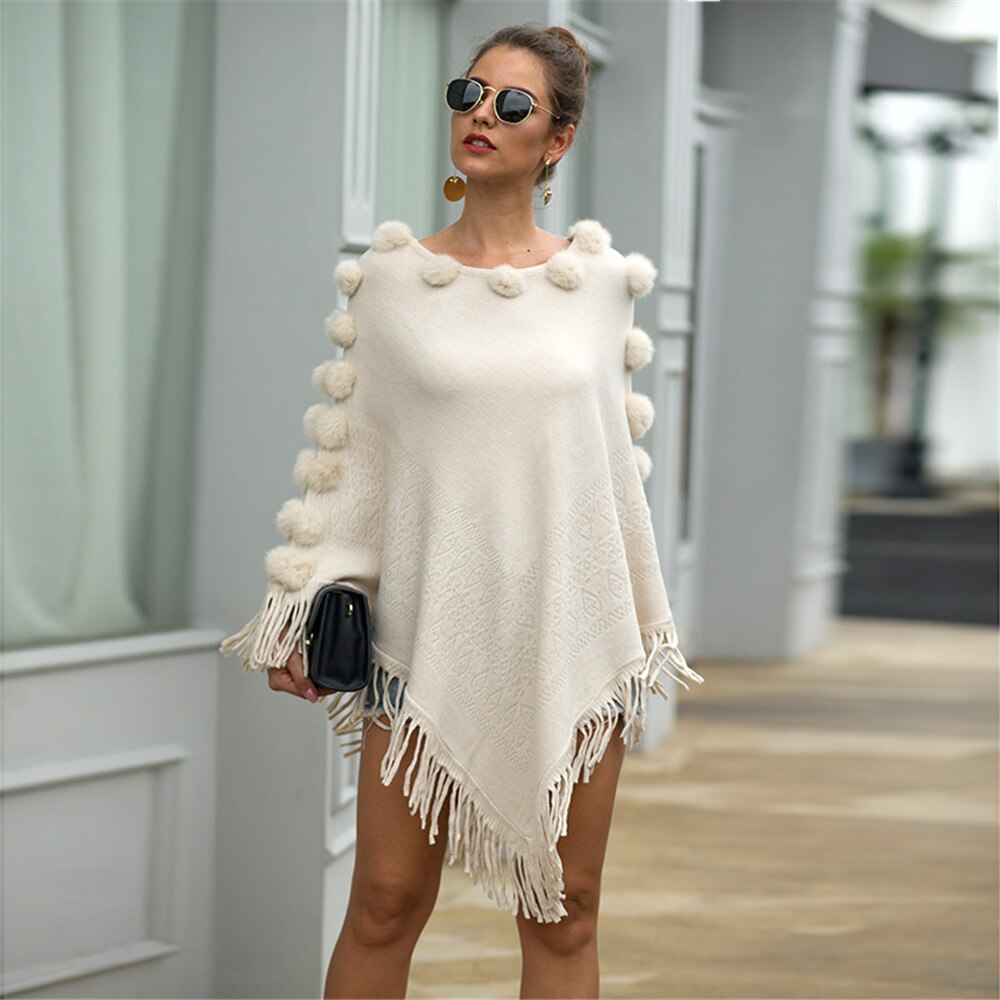 Rund hals cape poncho tröjor dam vinter stickad tofs solid hårboll capes sjal kappa ponchos elegantes höstkappa sjal