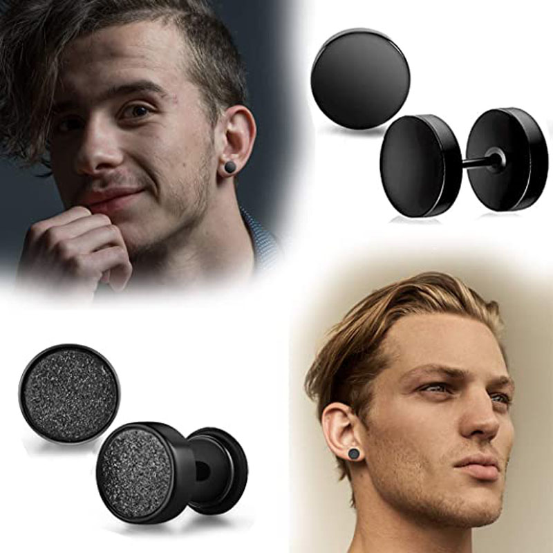 4 Pairs Mens Black Round Disc Huggie Hoop Stud Earrings Stainless Steel Faux Gauges Ear Tunnel Piercing Hypoallergenic Jewelry