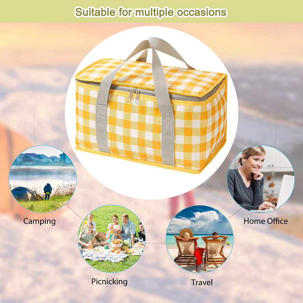 Checkered Picnic Bag Large Capacity Camping Storage Bag Cold Protection Portable Ice Pack Bag Waterproof for Beach School Office
