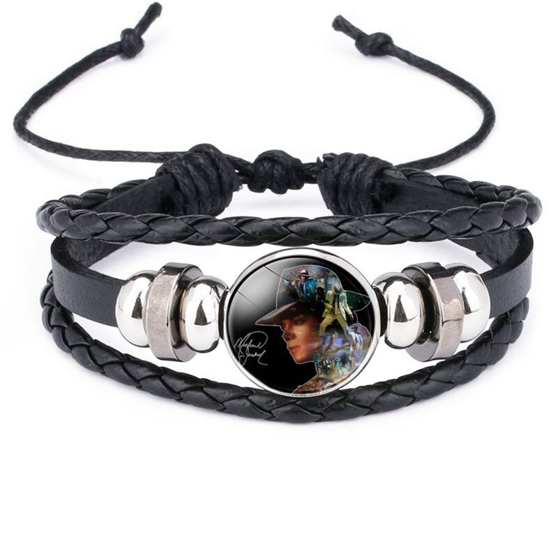 Pulsera de cuero hecha a mano de Michael Jackson, abalorios Pop Dancing King, cabujón colgante de vidrio, pulseras de cuero: 1