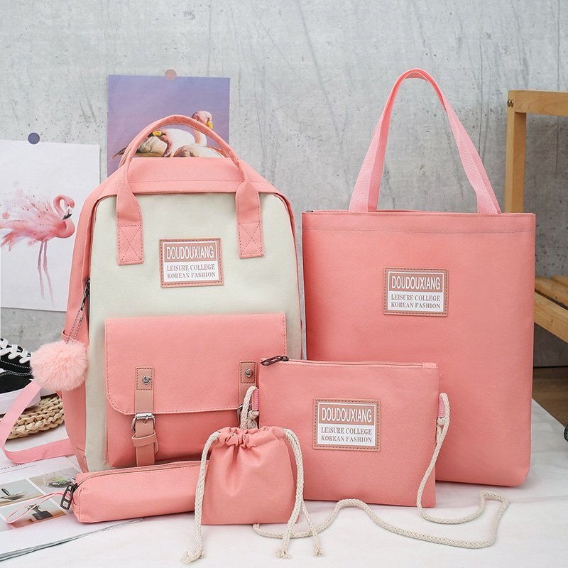 5 Delige Set Hoge Schooltassen Voor Tiener Meisjes Canvas Rugzak Vrouwen Bookbags Tiener Student Schooltas Bolsas Escolar: Pink