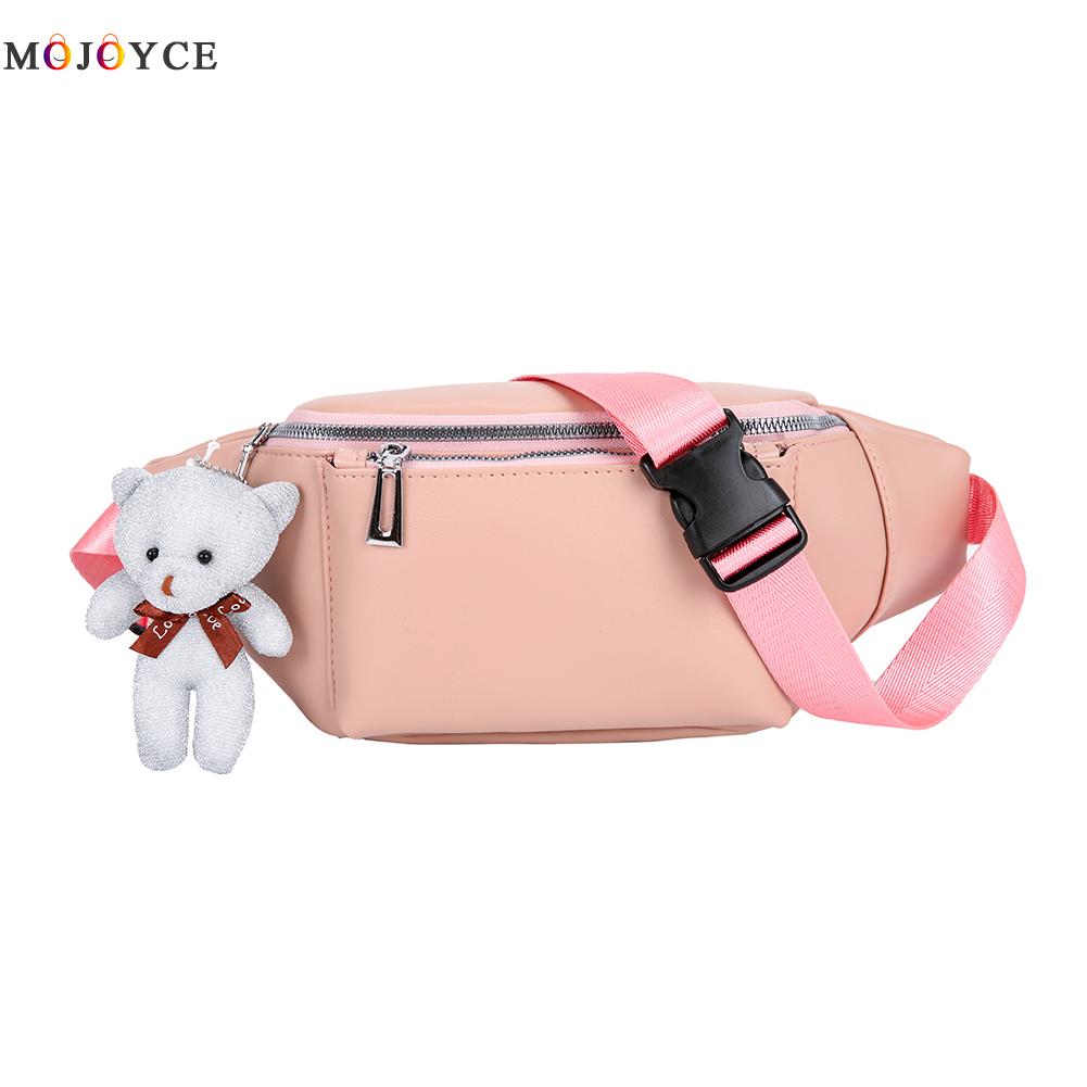 Bolsas de cintura feminina fanny pu couro urso pingente sólido pacote de ombro no peito: Black