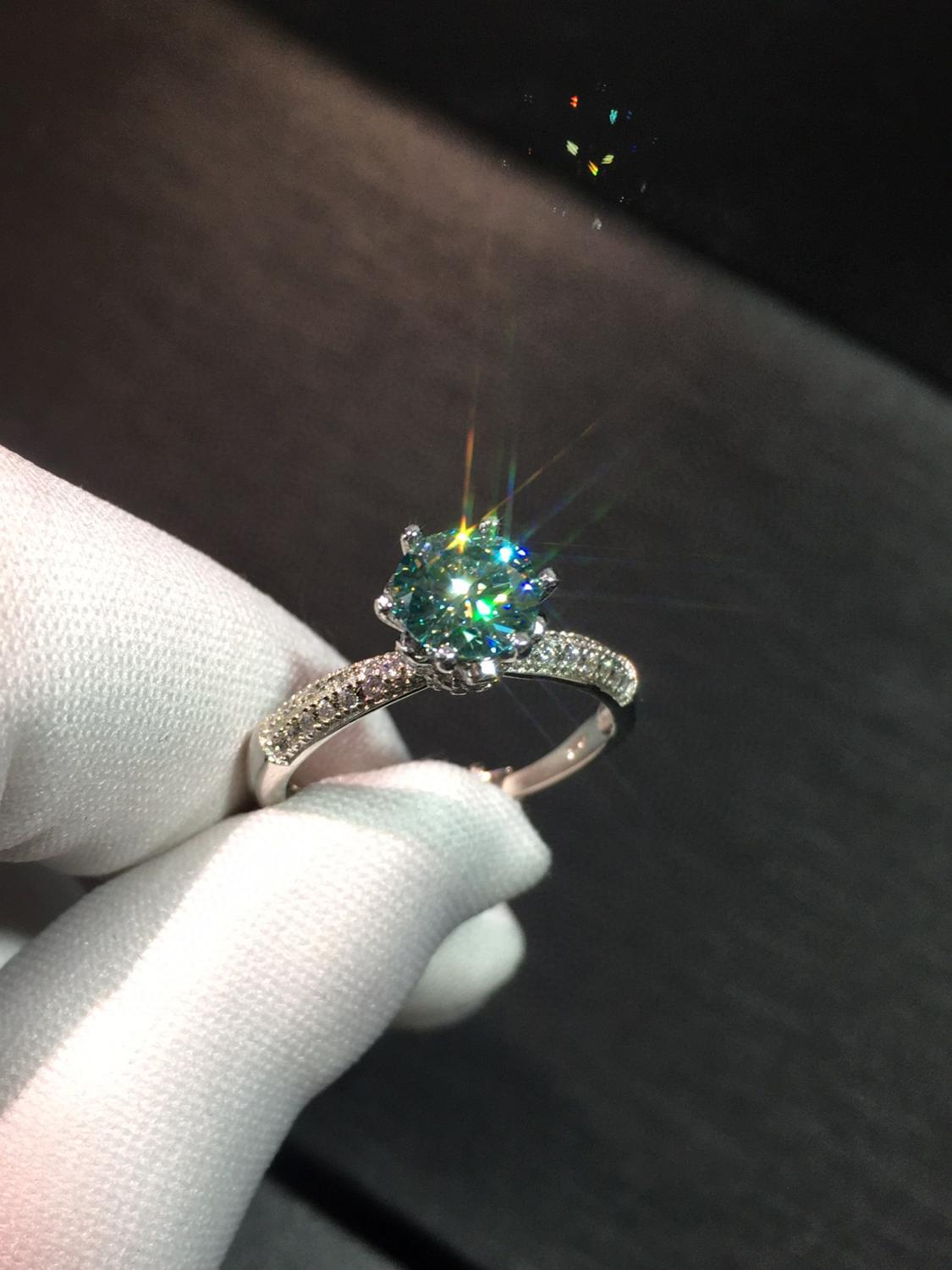 925 Silver Pass Diamond Test Excellent Cut 1 ct 6.5mm D Color VVS1 Green Moissanite Ring Women Engagement Wedding Jewelry