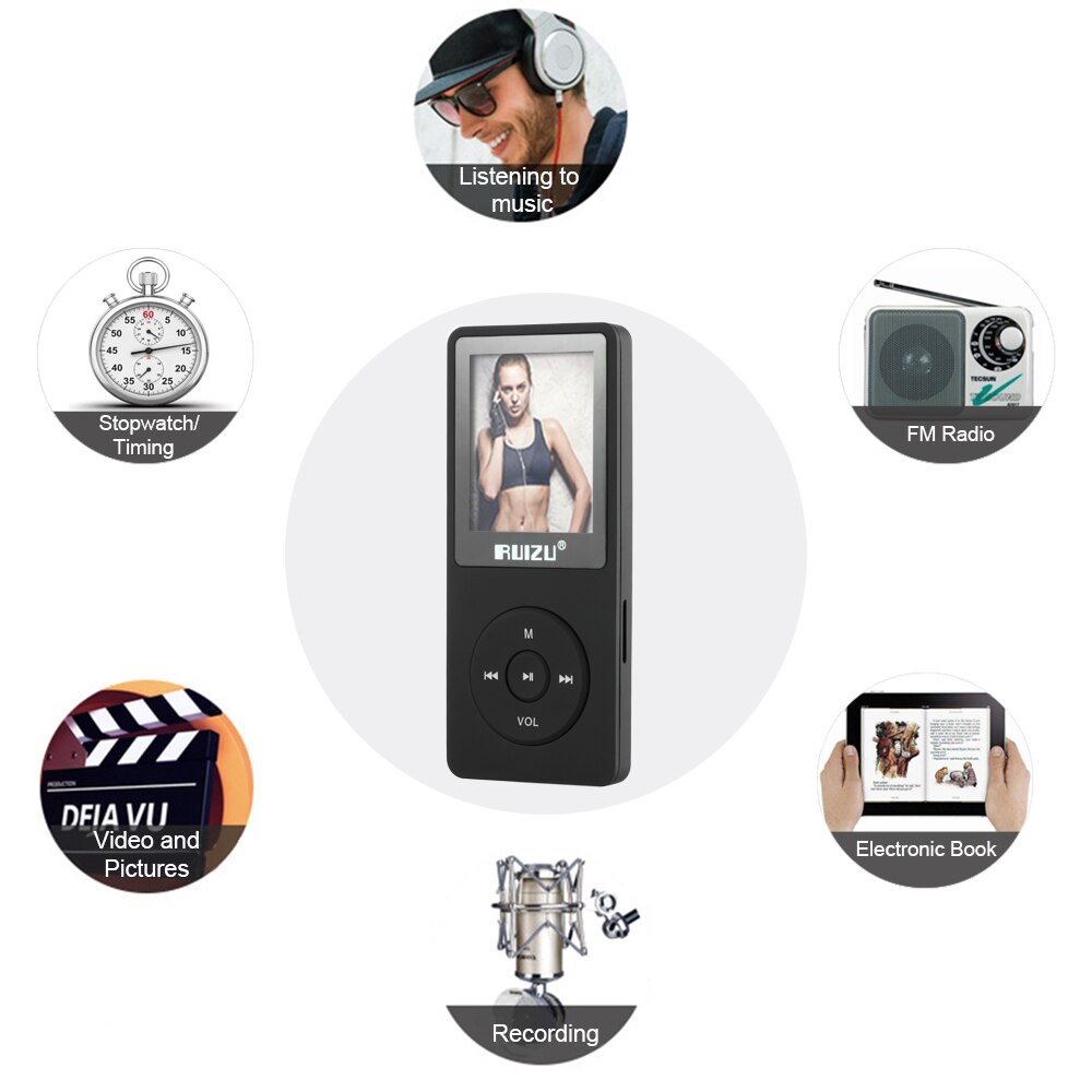 RUIZU X02 8GB 1.8in MP3 MP4 Player HiFi Lossless Sound Stop Watch TF Card FM Radio Recording E-book Calendar Timing