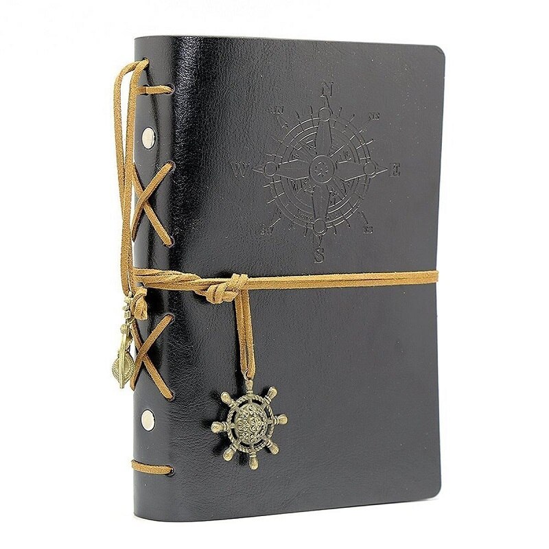 Vintage journal book travelers notebook A5 leather kraft paper sketchbook diary blank note book 6 ring binder string nautical: black