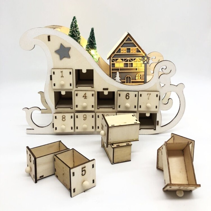 1pc/set Tree House Sleigh Wooden Advent Calendar Countdown Christmas Party Decor 24 Drawers with LED Light Ornament Xmas Decor