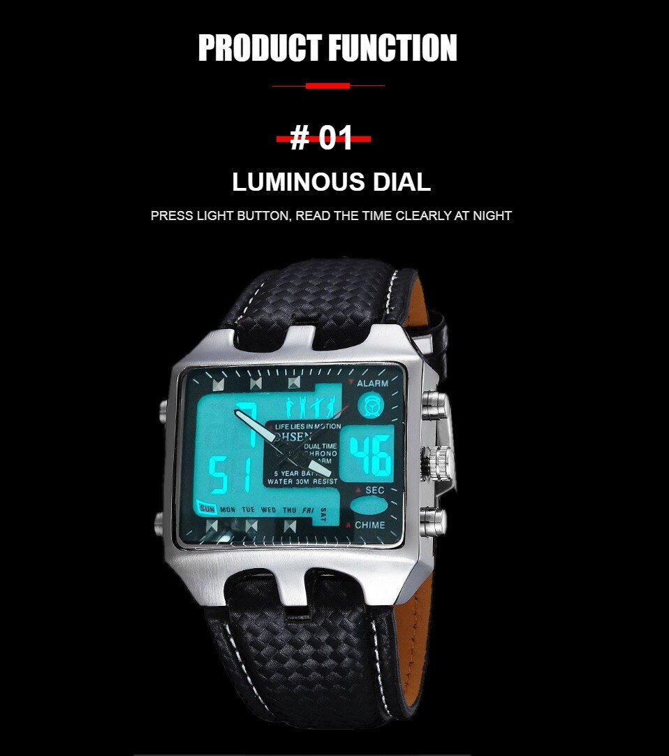 OHSEN digitale LCD Männer Jungen Armbanduhr lederband 30M Wasserdicht Schwarz Sport Armee Uhren Alarm Hand Uhren