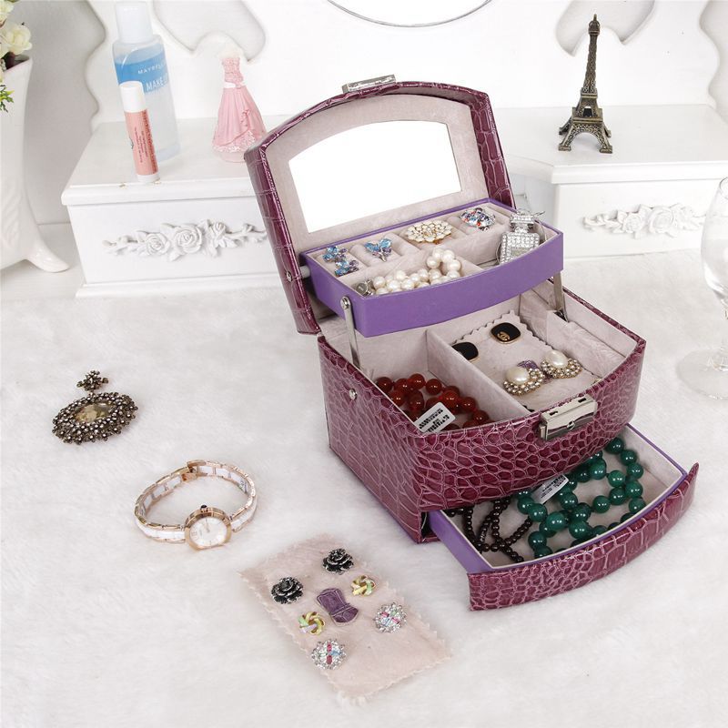Automatische leren sieradendoos met drie lagen, opbergdoos voor dames, oorbellen, cosmetica-organizer, kistje voor decoraties