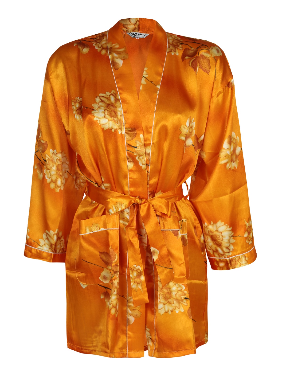 Kimono gewaad zijde blend met print bloemen-Oranje