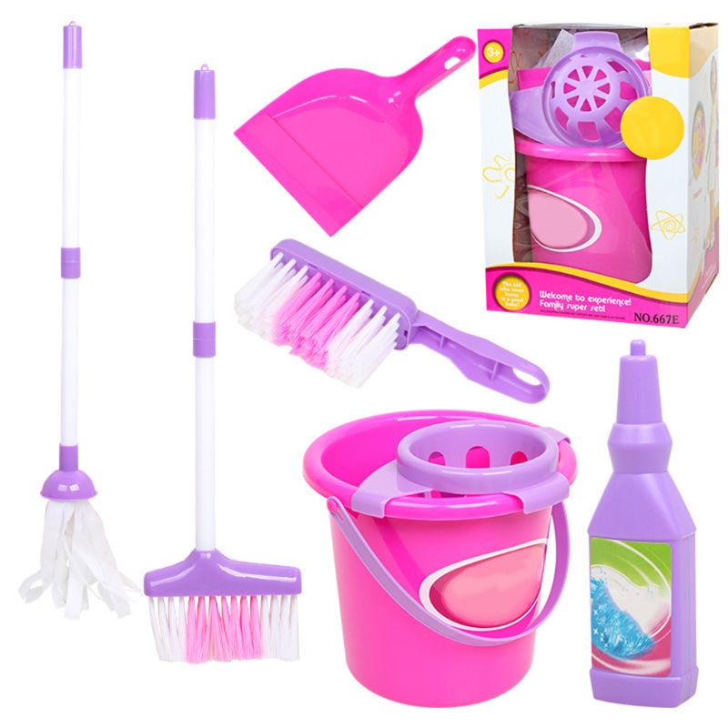 6Pcs Kind Schoonmaken Vegen Play Set Mop Bezem Emmer Borstel Stoffer Kits Kids Pretend Speelgoed: Default Title