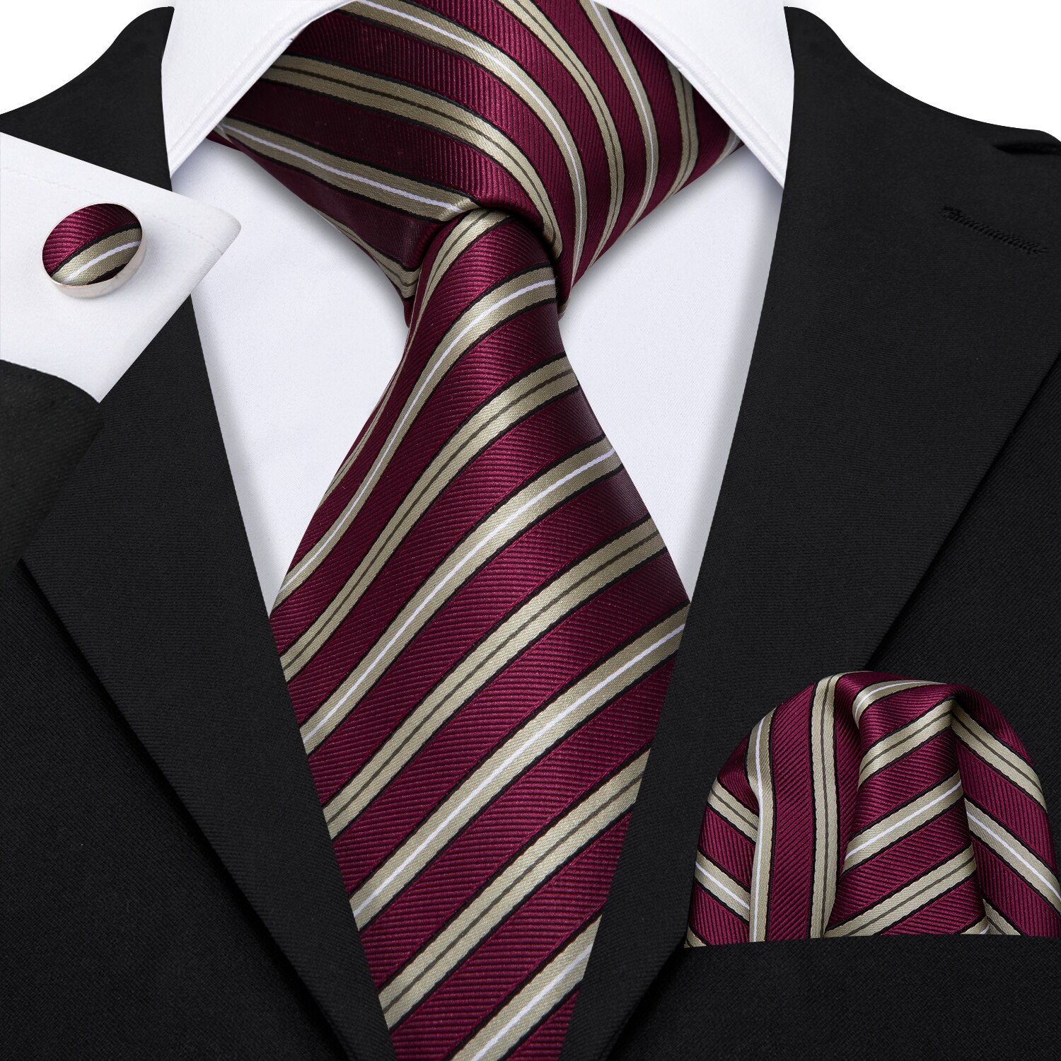 LS-585 Barry.Wang Mannen Stropdas Zijde Gestreepte Jacquard Geweven Classic Tie + Hanky + Manchetknopen Set Voor Formele Wedding Bedrijvengids Party: LS-5185
