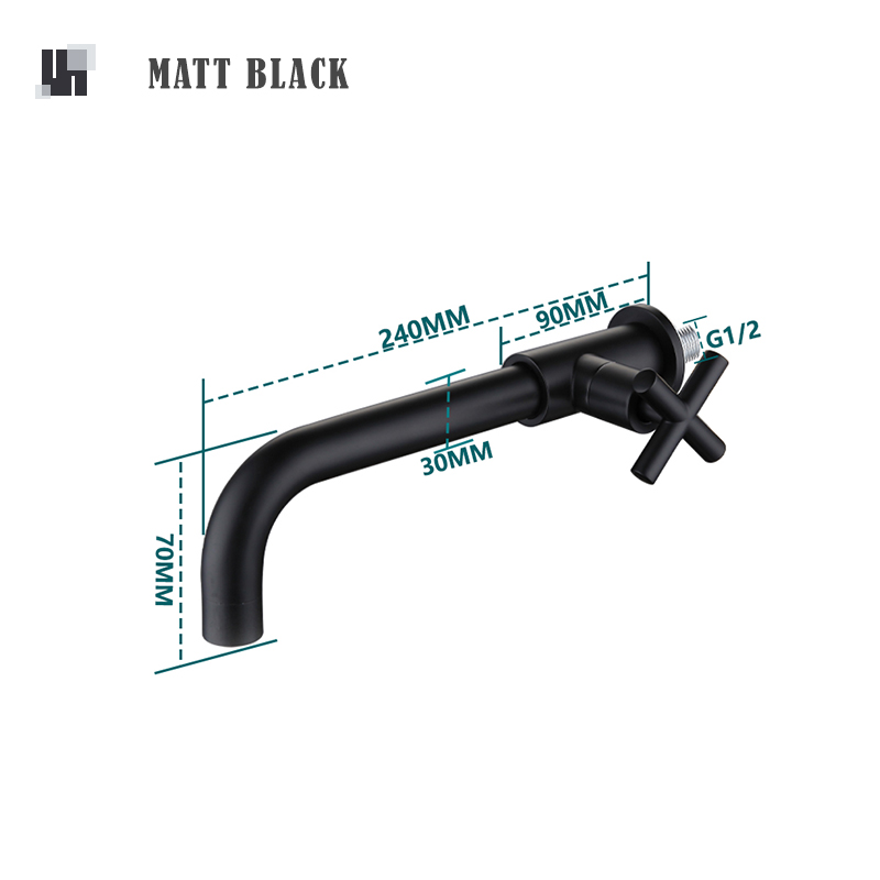 Brass Concealed Wall Mount Single Cold Water Tap Basin Faucet Brushed Gold Black Chrome Grey Basin Long Spout Lavatory Bibcock: Matt Black