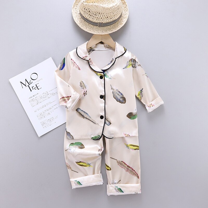Lente En Herfst Baby Kids Meisjes Jongens Feather Print Nachtkleding Set Lange Mouw Blouse Tops Slaap Broek: Beige / L