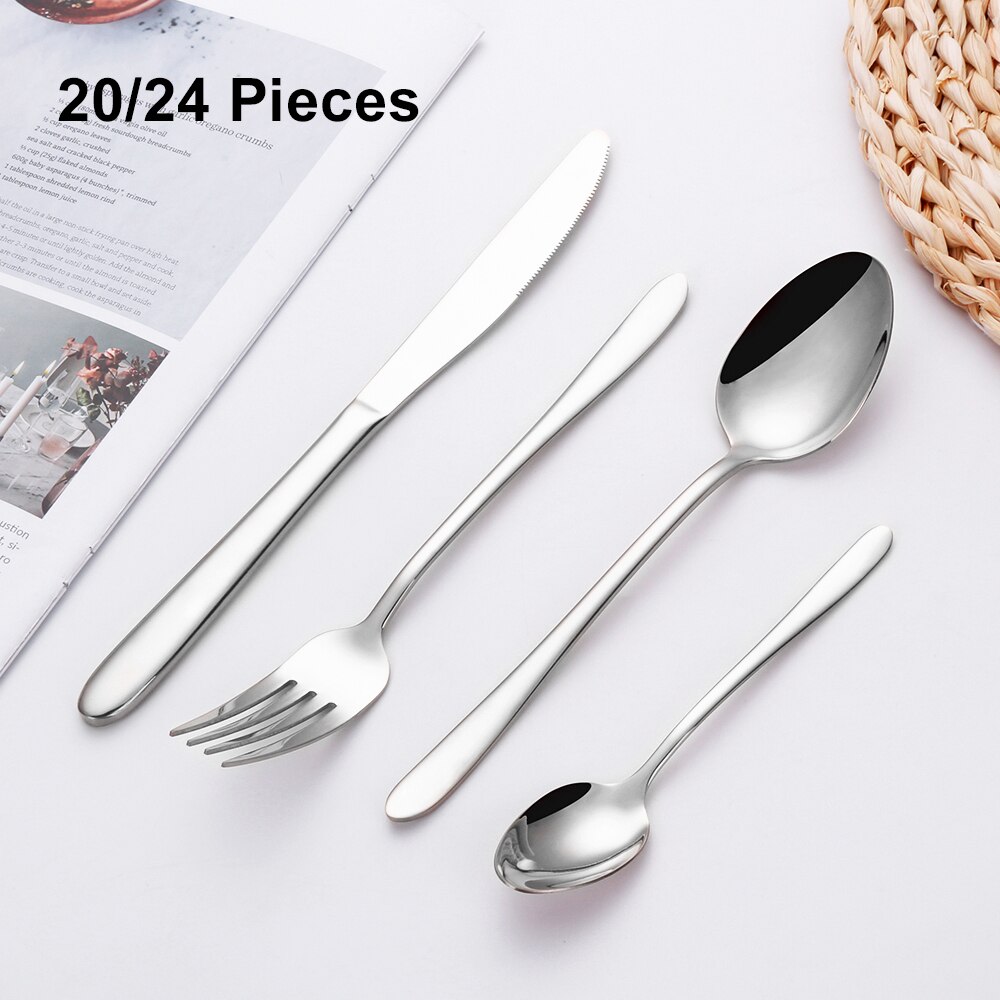 Juego de cubiertos de acero inoxidable, vajilla de espejo, tenedor, cuchara, cuchillo, utensilios de cocina, 8/12/16/20/24 piezas