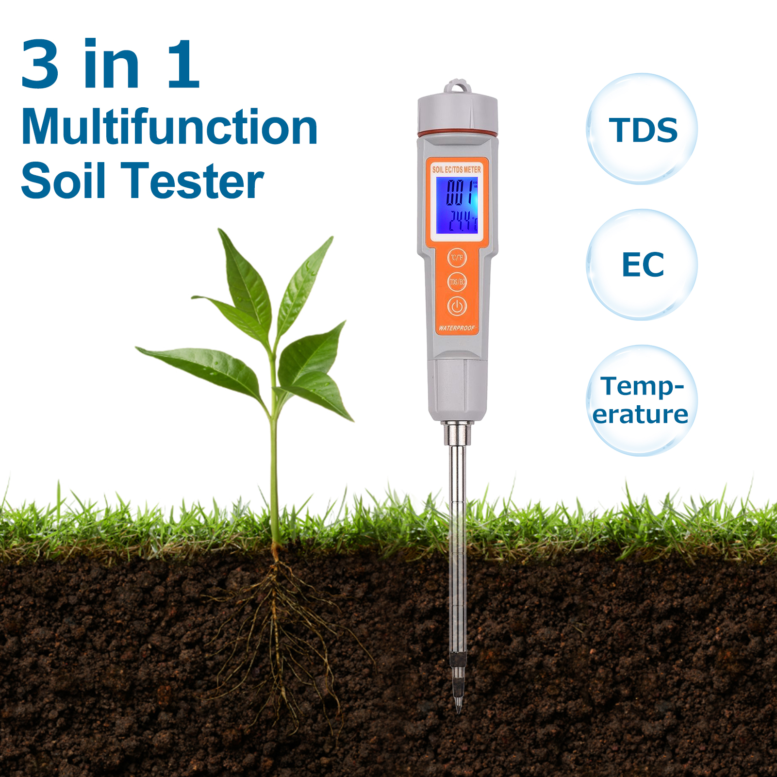 3 in 1 Portable Soil Tester Multifunction EC/ TDS/ Temperature Digital Soil Test Probe Meter with Backlight Screen Soil Tester