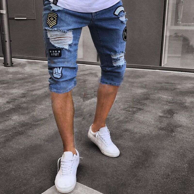 Kenntrice Casual Summer Men Jeans Vintage Slim Fit High Elastic Men Ripped Jeans short pantalon Knee Length Pants Denim Shorts