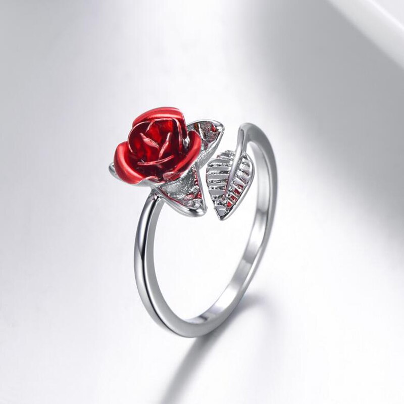 Frauen Ring Rote Rose Garten Blume Blätter Öffnen Ring Resizable Finger Ringe Für Frauen Valentinstag Schmuck