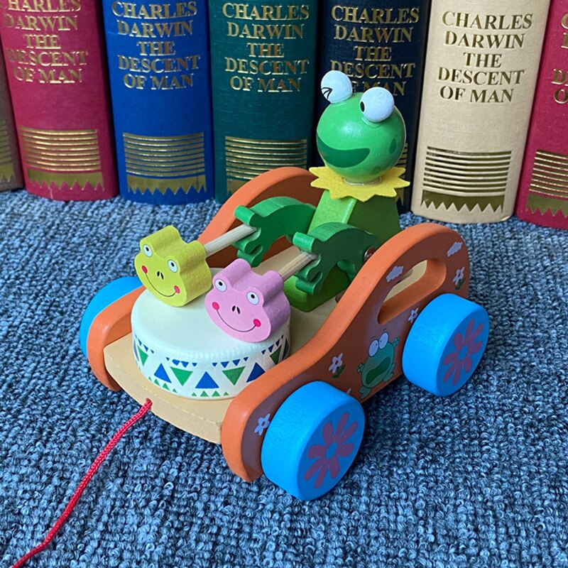Kinderen Houten Beer Towing Auto Baby Towing Peuter Cartoon Beer Drum Speelgoed Auto Dier Little Bunny Towing Auto